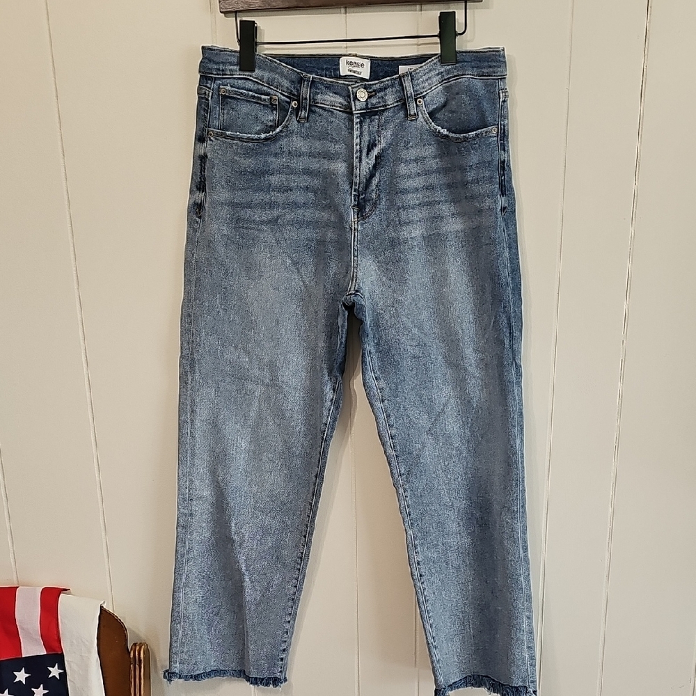 Kensie The Slim Jeans Women 12/31 Blue Distressed Whiskered Cropped Raw Edge EUC